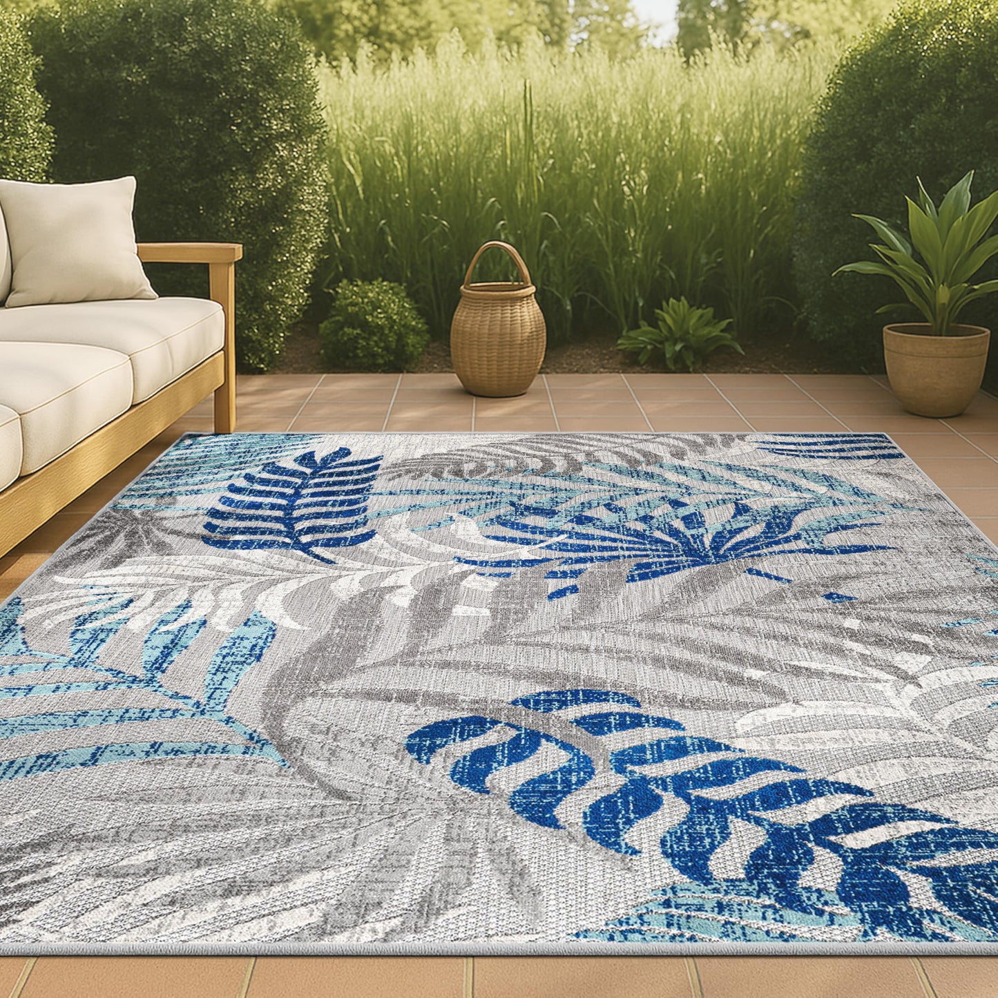 JONATHAN Y Tropics Palm Leaves Indoor Outdoor Area Rug 8X10 Gray/Blue, Boho for Backyard, Patio, Porch, Easy-Cleaning, High Traffic, Pet-Friendly, Non-Shedding (AMC100A-8)