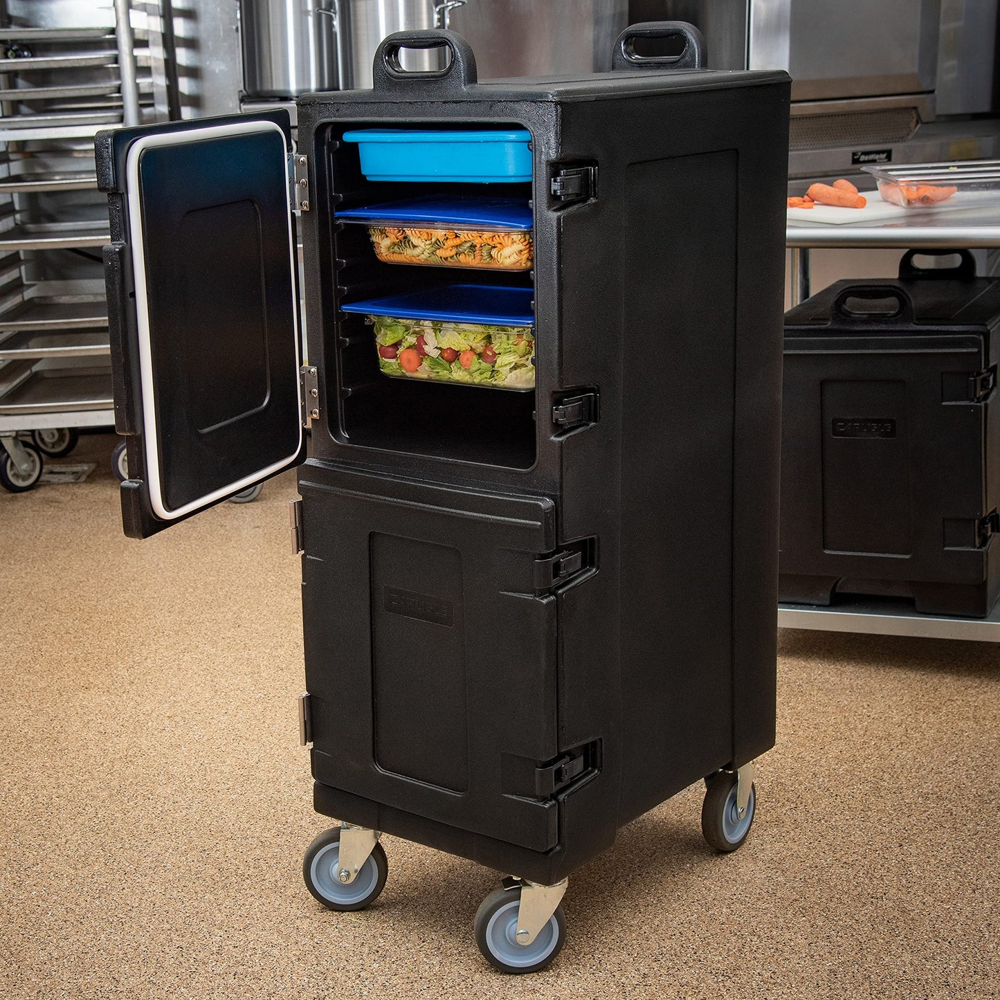 Carlisle FoodService Products Cateraide Insulated Front Loading Food Pan Carrier with Casters for Catering, Events, and Restaurants, Plastic, 10 Pans, Black