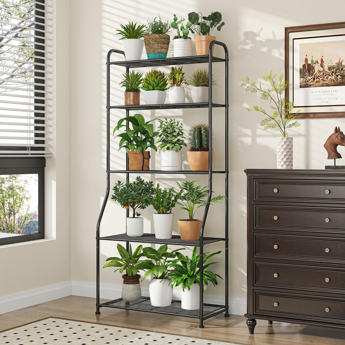 Simple Trending Plant Stand 5-Tier Plant Shelf for Indoor Outdoor, Waterproof Metal Tall Plant Stand for Living Room Bathroom Balcony Garden, Black