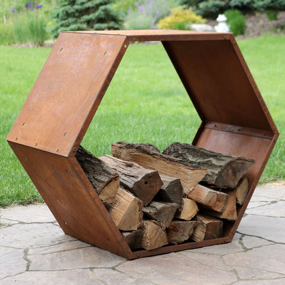 Sunnydaze Outdoor Firewood Rack - Rustic Fire Wood Holder - Sturdy Hexagon Log Holder - Steel Log Rack for Outdoor Firewood Storage