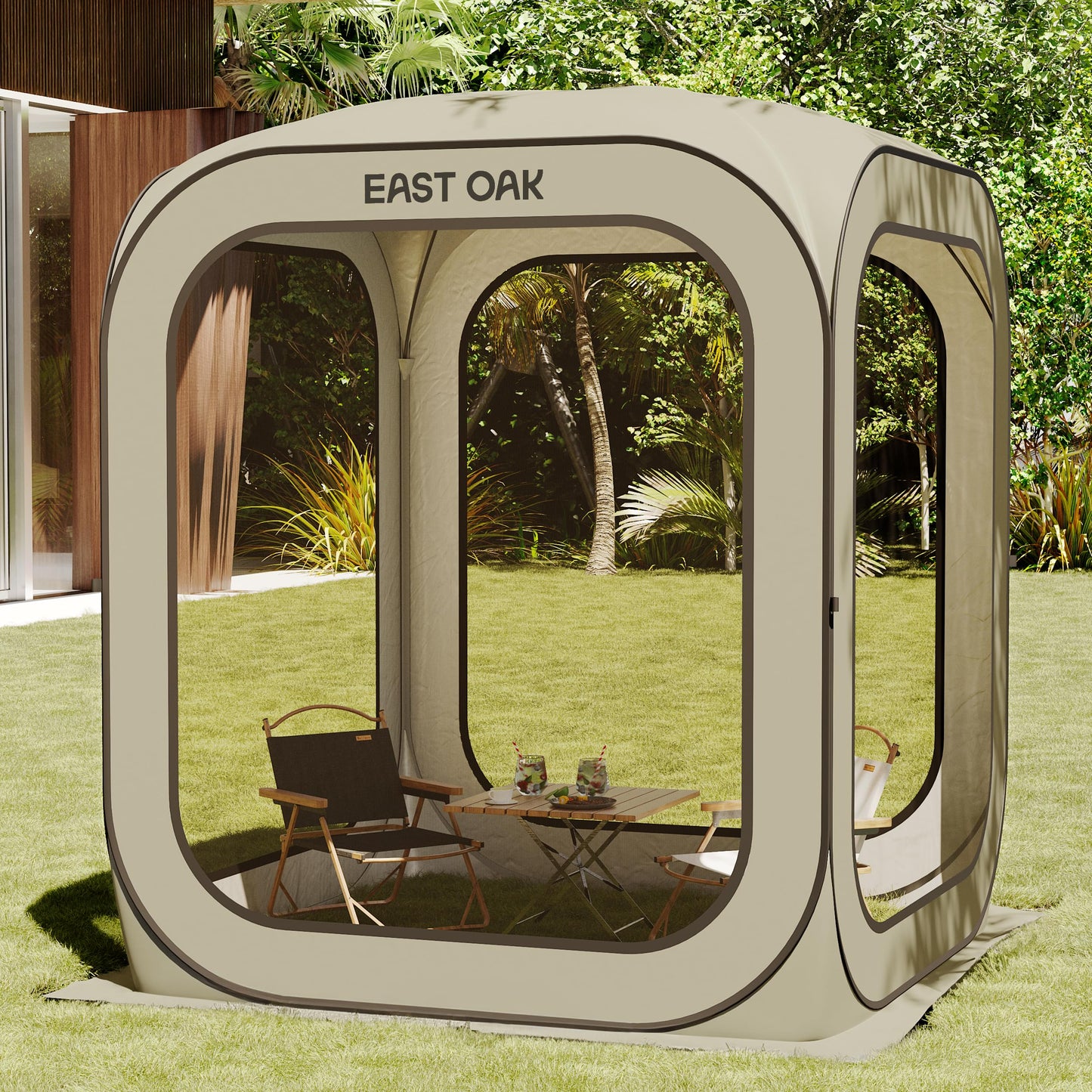 East Oak Screen House Tent Pop-Up, Portable Screen Room Canopy Instant Screen Tent 6 x 6 FT with Carry Bag for Patio, Backyard, Deck & Outdoor Activities, Khaki