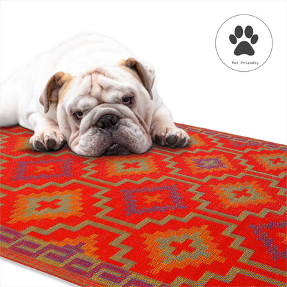 Fab Habitat Outdoor Rug - Waterproof, Fade Resistant, Crease-Free - Premium Recycled Plastic - Vintage Boho Kilim - Large Patio, Deck, Sunroom, Camping, RV - Lhasa - Orange & Violet - 6 x 9 ft