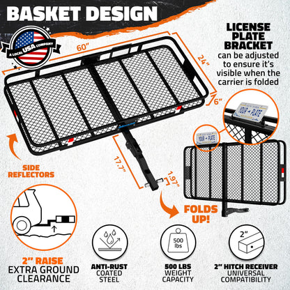 Mockins 60"x24"x6" Folding Trailer Hitch Cargo Carrier w/ 25 Cu Ft Waterproof Cargo Bag for Hitch Carrier | Heavy Duty 500 lbs Steel Luggage Rack for SUV, Car & Truck w/Plate Bracket & Accessories