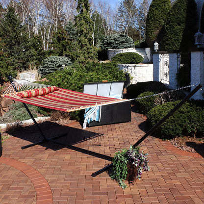 Sunnydaze Quilted Double Hammock with Stand for Outside - 400-Pound Capacity 2-Person Hammock with Stand - 15-Foot Stand - Red Stripe