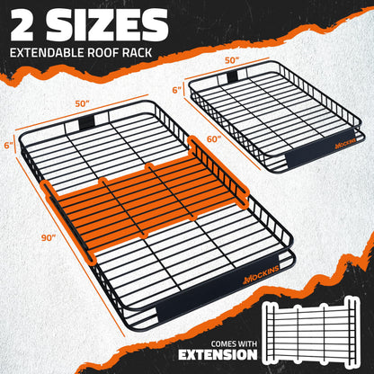 Mockins 90"x50"x6" XXL Heavy Duty Roof Rack Cargo Carrier for Top of Vehicle Storage | 250 Lbs. Cap Steel Car Roof Basket Set w/Straps | All-Weather Rooftop Cargo Carrier for SUV, RV & Large Vehicles