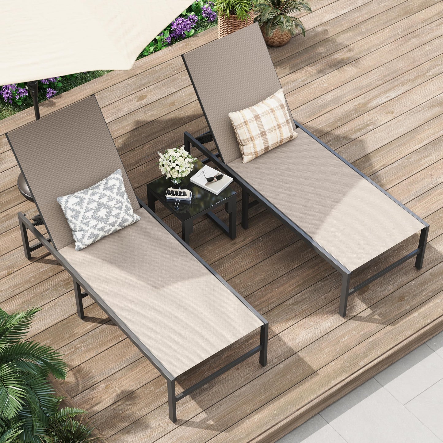 Amopatio 3 Piece Patio Lounge Chair Set Adjustable Lounge Chairs Set of 2 with Side Table for Poolside Weather Resistant Outdoor Chaise Lounge for Backyard Beach, 400 LBS Capacity(Khaki)