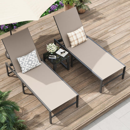 Amopatio 3 Piece Patio Lounge Chair Set Adjustable Lounge Chairs Set of 2 with Side Table for Poolside Weather Resistant Outdoor Chaise Lounge for Backyard Beach, 400 LBS Capacity(Khaki)