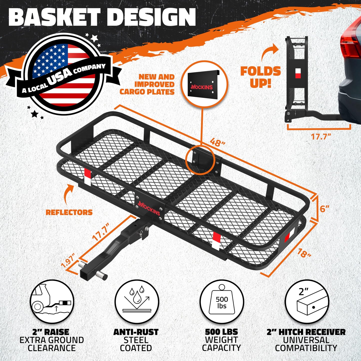 Mockins 48"x18"x6" Folding Trailer Hitch Cargo Carrier & 15 Cu Ft Waterproof Cargo Bag with Packing Cube Set of 4 | Weatherproof 500 Lbs Cap Luggage Rack for SUV Truck Van Car Trailer with Accessories