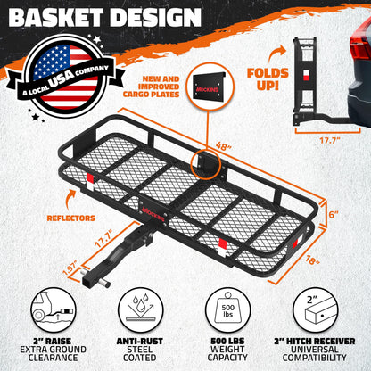 Mockins 48"x18"x6" Folding Trailer Hitch Cargo Carrier & 15 Cu Ft Waterproof Cargo Bag with Packing Cube Set of 4 | Weatherproof 500 Lbs Cap Luggage Rack for SUV Truck Van Car Trailer with Accessories