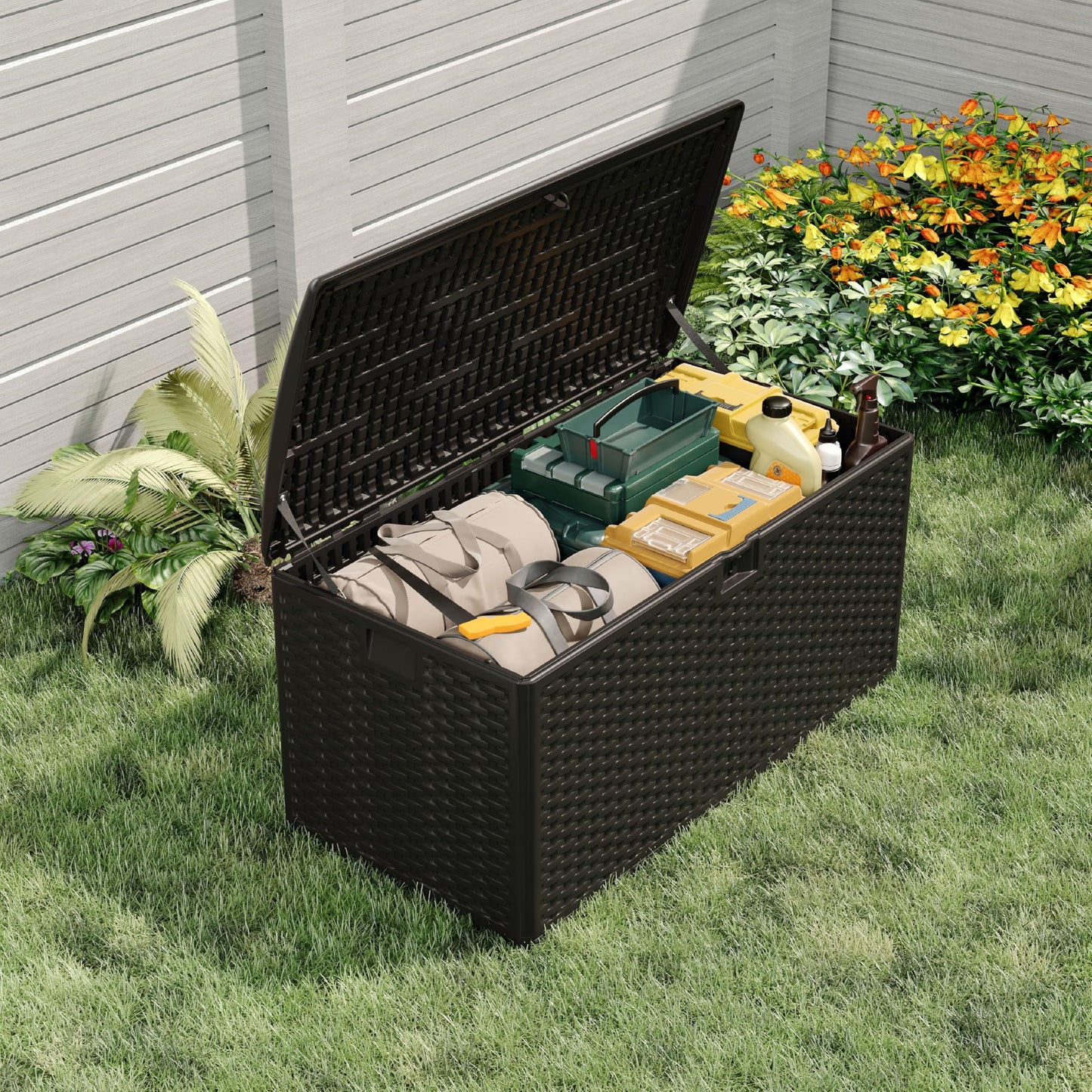 73 Gallon Waterproof Large Resin Deck Box Indoor Outdoor, Lockable Storage Container for Patio Furniture Cushions, Throw Pillows, Garden Tools, and Pool Floats, Black