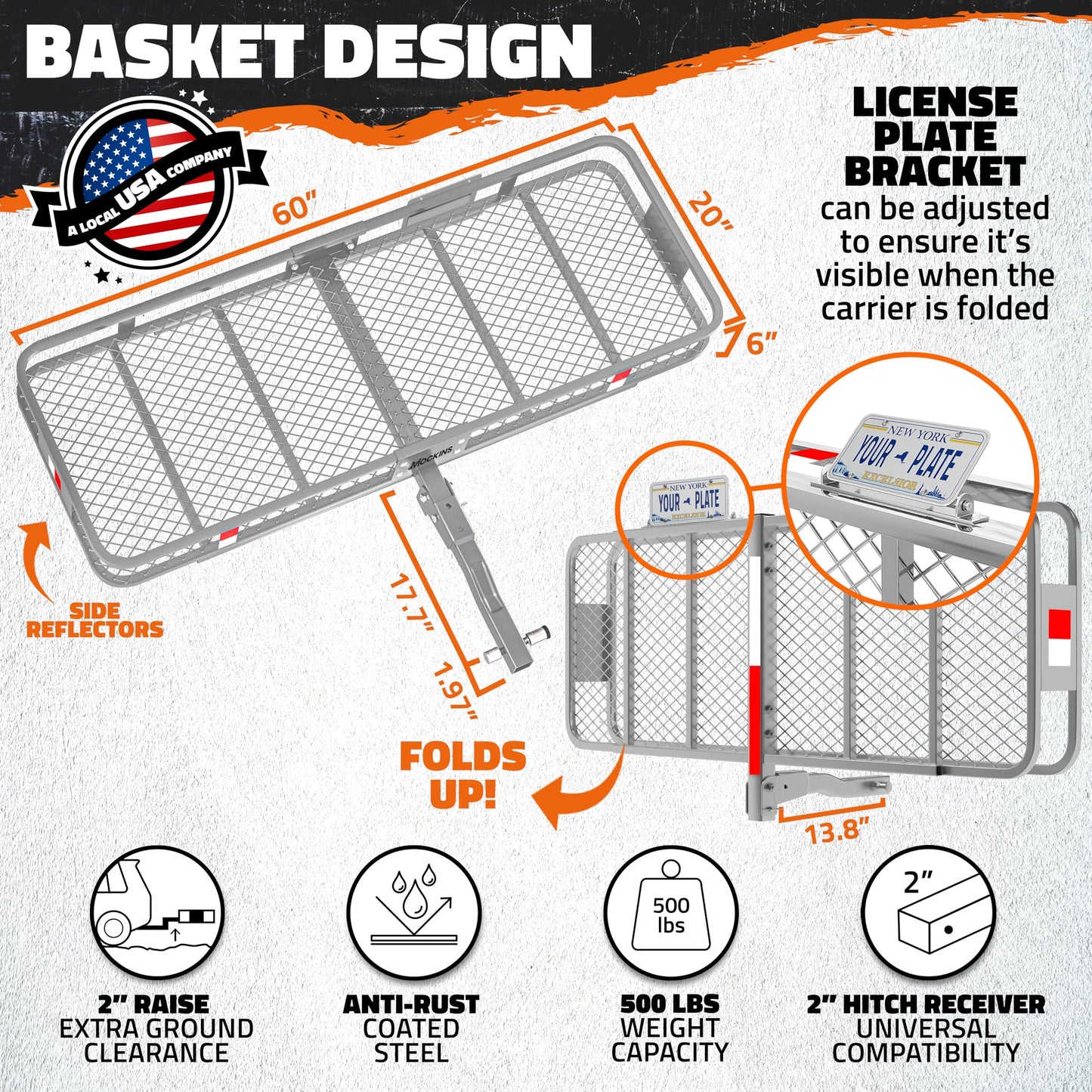 Mockins 60"x20"x6" Gray Heavy Duty Trailer Hitch Cargo Carrier & 16 CuFt Waterproof Cargo Bag for Hitch Carrier | 500 Lbs. Capacity Folding Luggage Rack for SUV Car Truck Van & RV w/Cargo Accessories