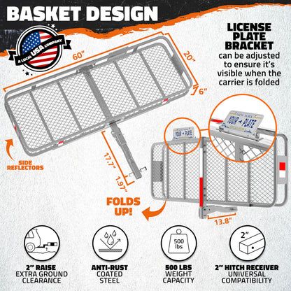 Mockins 60"x20"x6" Gray Heavy Duty Trailer Hitch Cargo Carrier & 16 CuFt Waterproof Cargo Bag for Hitch Carrier | 500 Lbs. Capacity Folding Luggage Rack for SUV Car Truck Van & RV w/Cargo Accessories