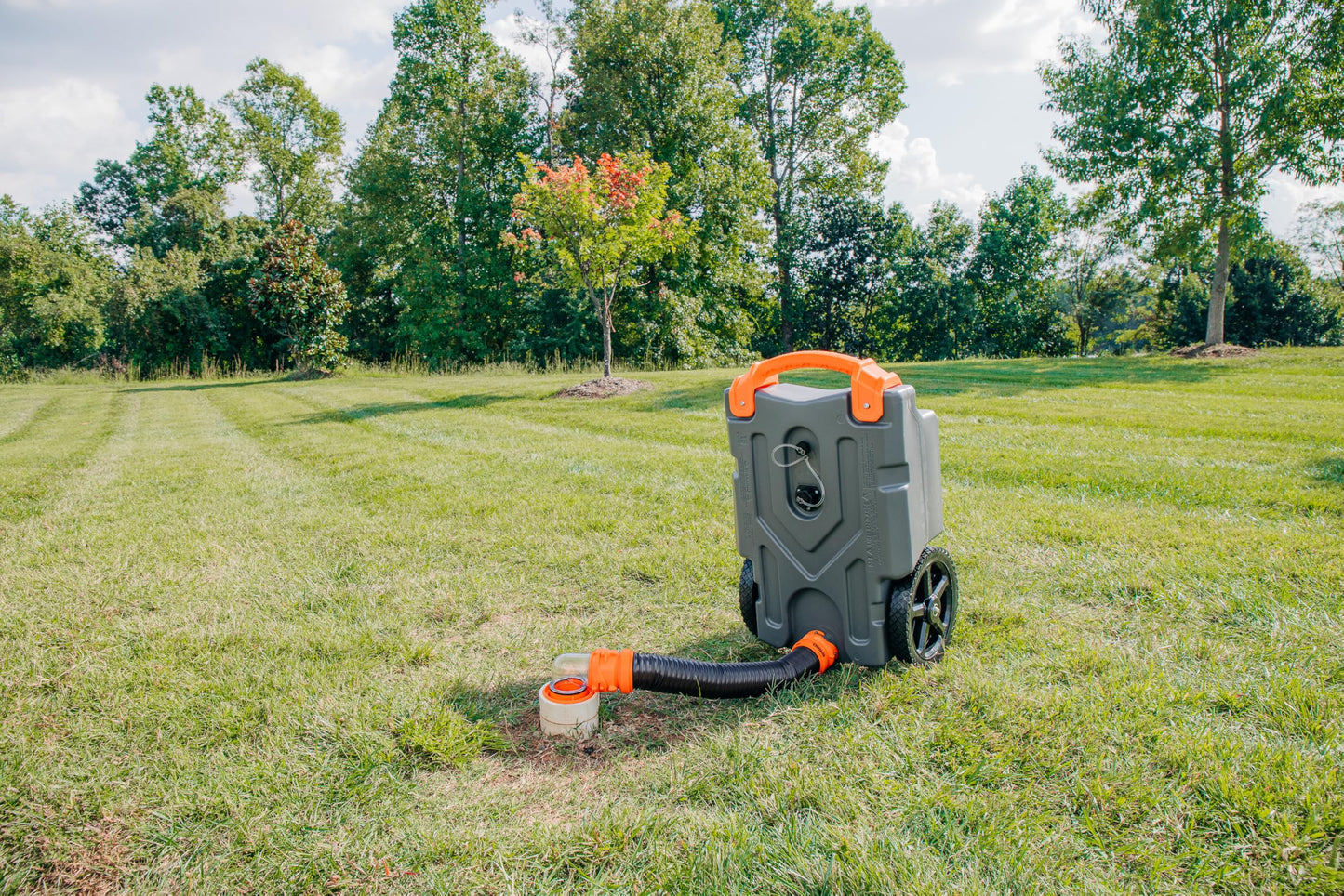 Camco Rhino 15-Gallon Portable RV Tote Tank - Features Large Heavy-Duty No-Flat Wheels & Low Drain Hole - Includes Removable Steel Tow Adapter, 3’ Sewer Hose & More RV Accessories (39000)