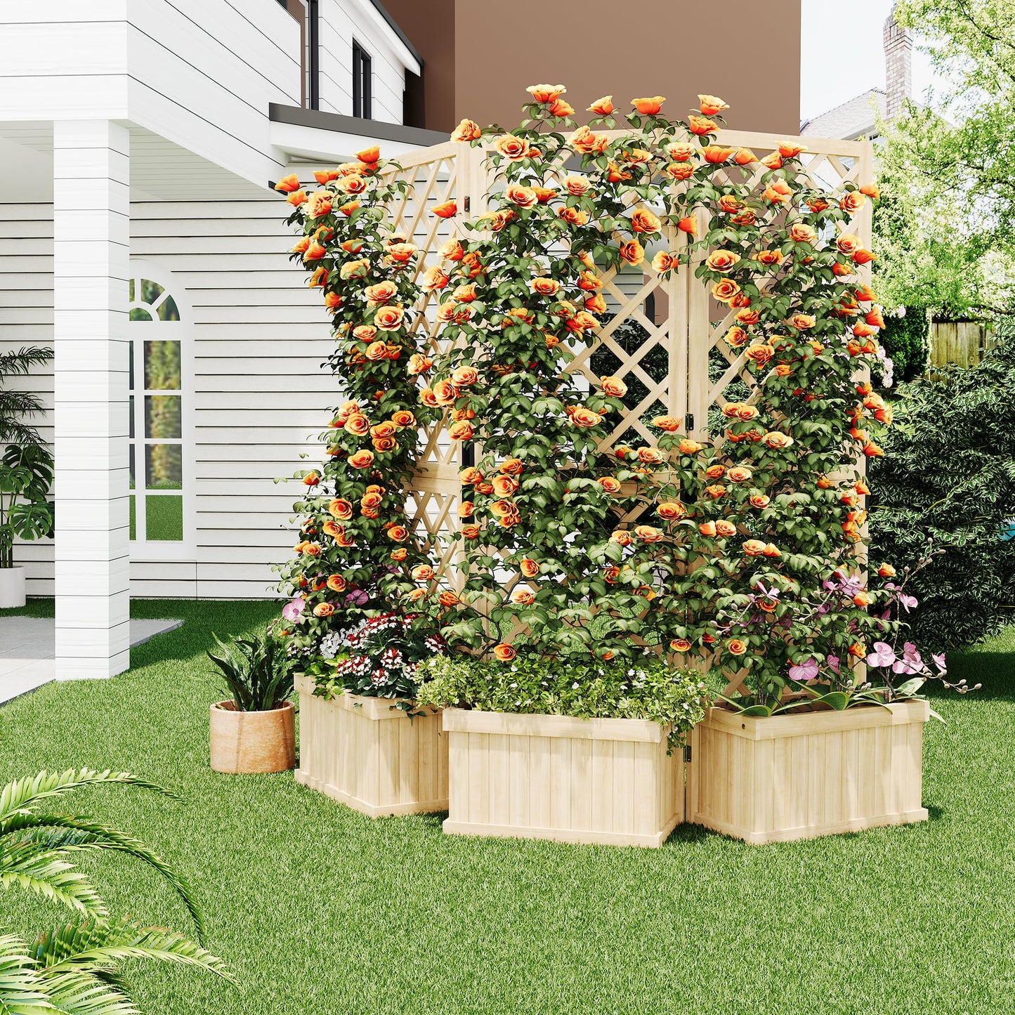 Cedar Privacy Screen with Planter Box - 3-Panel Freestanding Garden Fence, 62 in x10 in x65 in Tall Outdoor Divider with Drain Holes & Raised Bed for Patio, Deck & Backyard (Natural Wood)