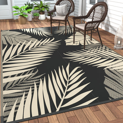 GENIMO Outdoor Rug 9' x 18' Waterproof for Patios Clearance, Reversible Outdoor Plastic Straw Camping Rug Carpet, Large Area Rugs Mats for RV, Camper, Deck, Balcony, Porch, Beach, Picnic, Black&Beige