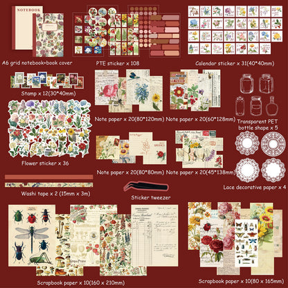 emmoolife Vintage Aesthetic Scrapbooking Supplies Kit, Flowers Botanical Bullet Junk Journal Kit with Journaling Supplies, Tweezers, A6 Grid Notebook,Stationery,Sticker, Birthday Craft Gift for Adult