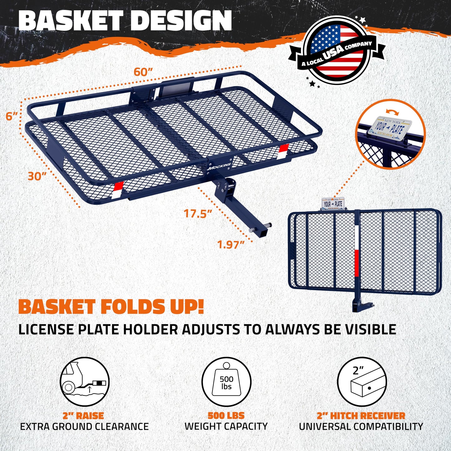 Mockins 60"x30"x6" Navy Trailer Hitch Cargo Carrier & 30 Cu Ft Waterproof Cargo Hitch Carrier Bag | 500 Lbs Cap Steel Folding Luggage Rack for SUV Truck Van & RV w/License Plate Bracket & Accessories
