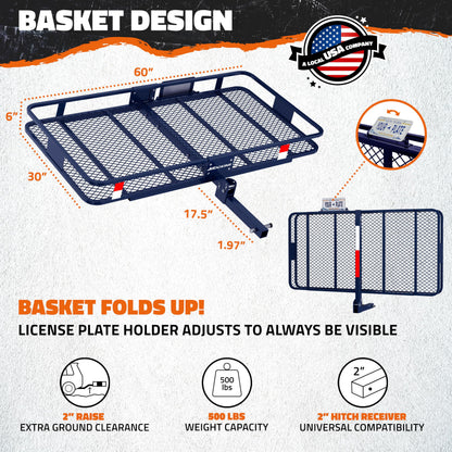 Mockins 60"x30"x6" Navy Trailer Hitch Cargo Carrier & 30 Cu Ft Waterproof Cargo Hitch Carrier Bag | 500 Lbs Cap Steel Folding Luggage Rack for SUV Truck Van & RV w/License Plate Bracket & Accessories