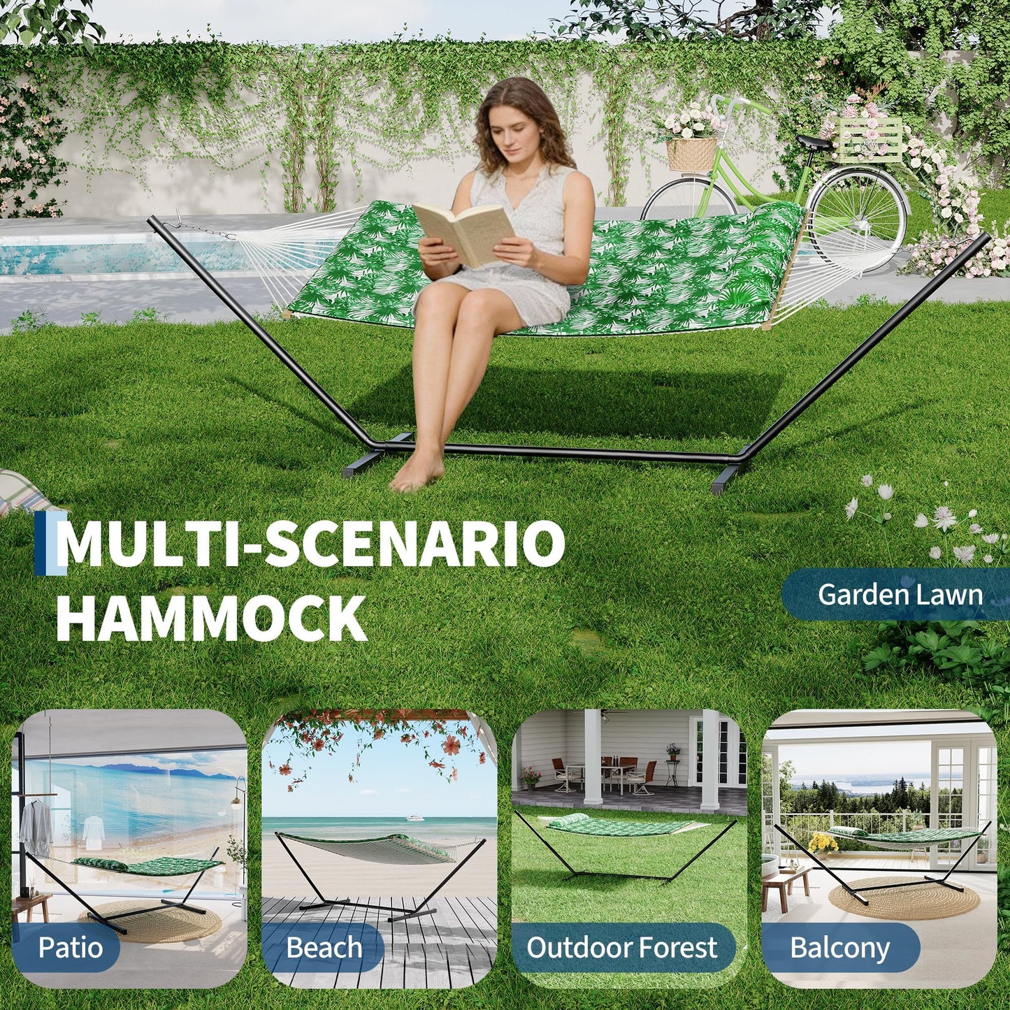 2 Person Outdoor Hammock with Stand, Person Cotton Rope Hammock with Polyester Pad, Portable Hammock with Carrying Bag, for Patio, Garden, Beach, Backyard Camping