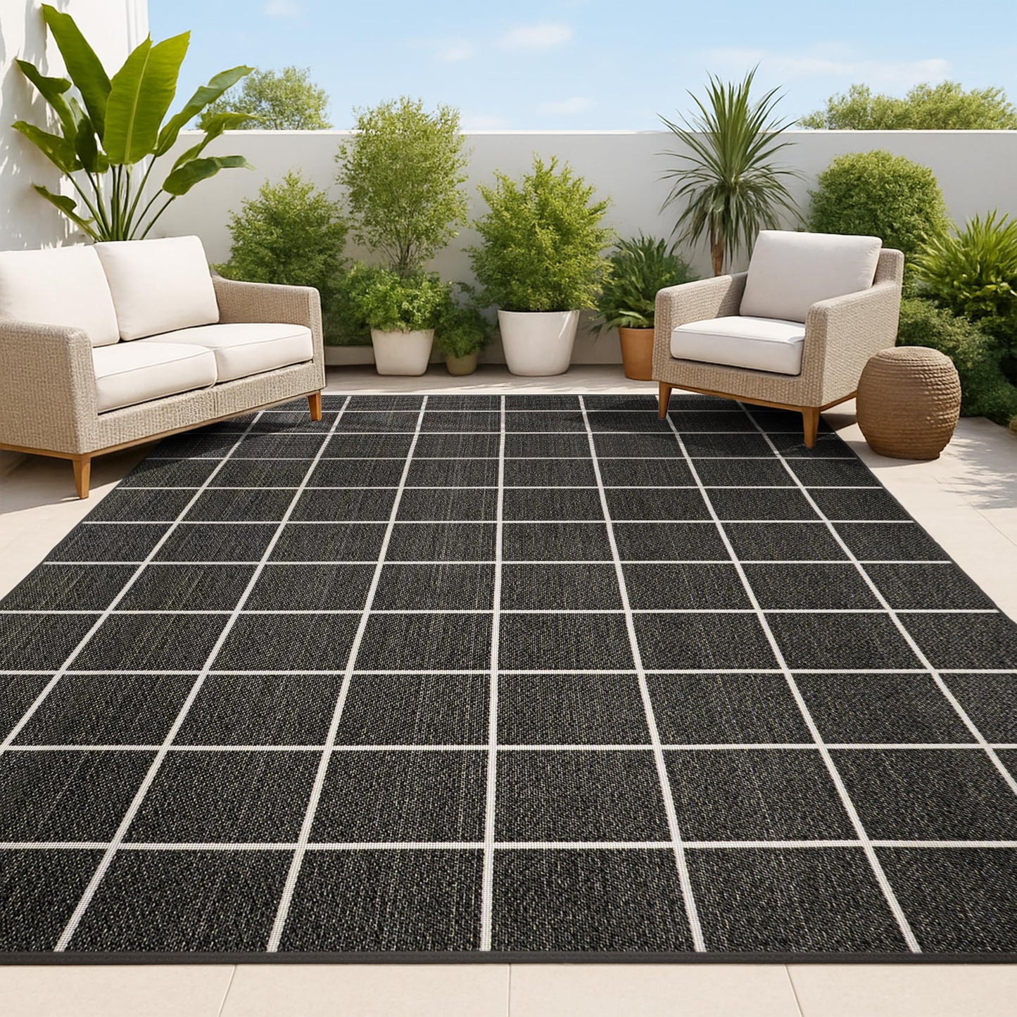 JONATHAN Y Grid Squares Indoor Outdoor Area Rug 8X10 Black/Cream, Modern for Backyard, Patio, Porch, Easy-Cleaning, High Traffic, Pet-Friendly, Non-Shedding (SMB200B-8)