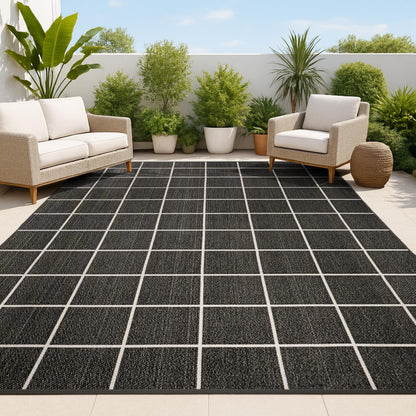 JONATHAN Y Grid Squares Indoor Outdoor Area Rug 8X10 Black/Cream, Modern for Backyard, Patio, Porch, Easy-Cleaning, High Traffic, Pet-Friendly, Non-Shedding (SMB200B-8)