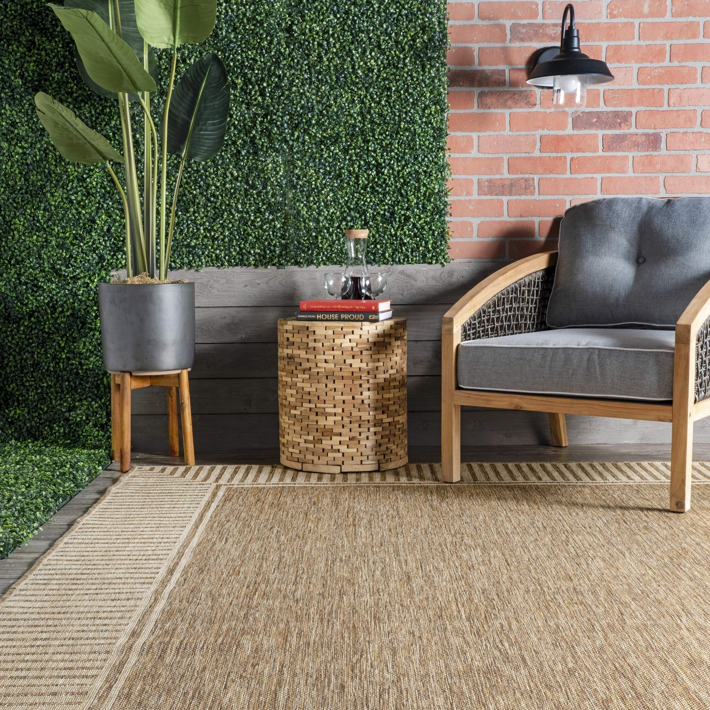 Nuloom Asha Light Brown/Ivory, 6'7" x 9', Casual, Striped Border, Soft and Cozy, High Traffic, Easy Clean, Durable Area Rug for Indoor/Outdoor Patio, Deck, Porch, Garden, Courtyard