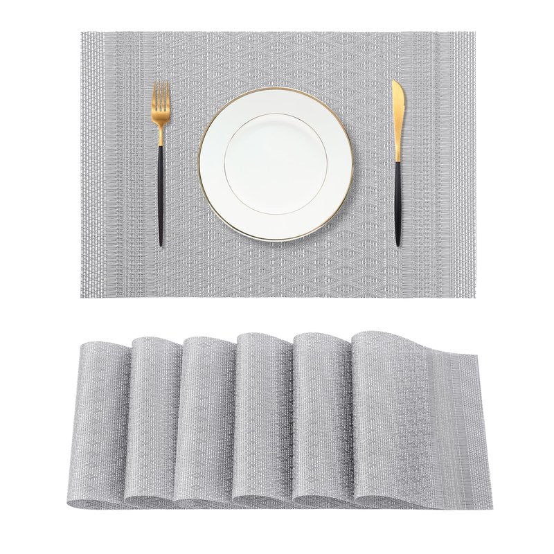 Leetaltree Lunar Grey Placemats Set of 6 - Heat Resistant Non-Slip Place mats for Dining Table, Washable Durable PVC Vinyl Woven Table Mats（Lunar Grey, 6）