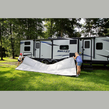 Mountain Mat Earth-Friendly RV Patio Mat Size 8' x 16' for Campers, Campsites - Premium 5 mm Thick Heavy Duty, Waterproof, Reversible Rugs Recycled Polypropylene, with Carry Bag (8' x 16', Grey)