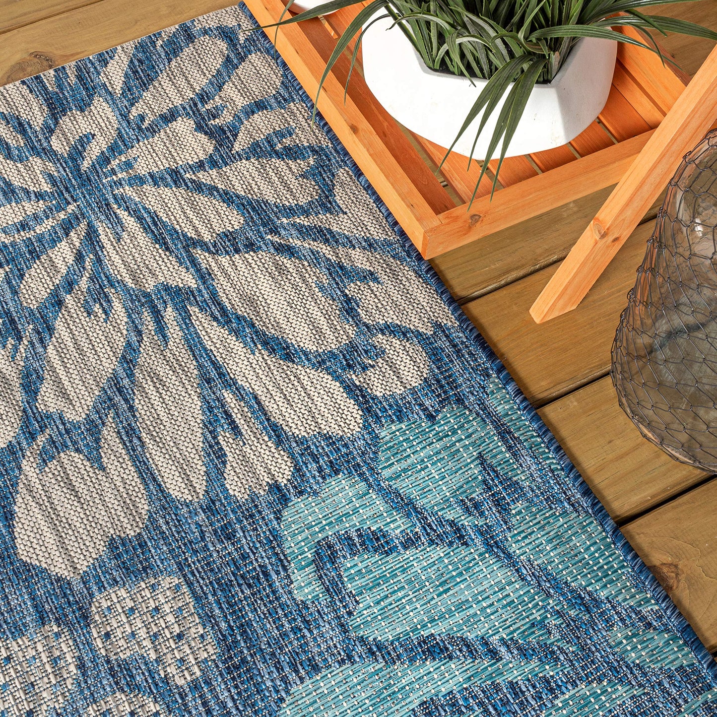 JONATHAN Y Floral Textured Weave Indoor Outdoor Area Rug 8X10 Navy/Aqua, Zinnia Modern for Backyard, Patio, Porch, Easy-Cleaning, High Traffic, Pet-Friendly, Non-Shedding (SMB110C-8)